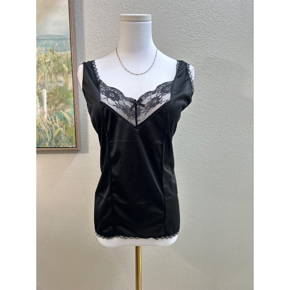 Black Lace Trim Satin Cami Tank Top Y2K Plus Size 2XL